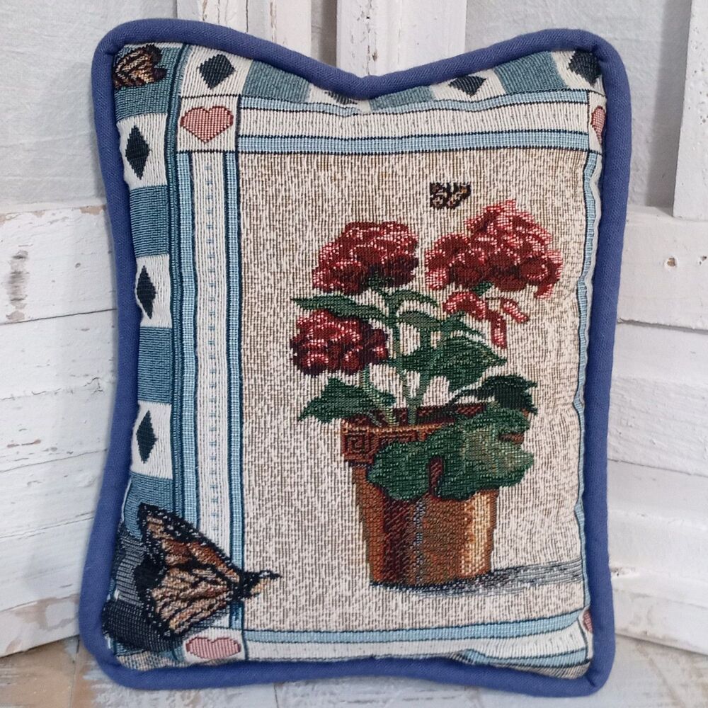 Vintage 90s Cottage Tapestry Pillow 8x10 Geranium Flower Butterfly Grandmacore